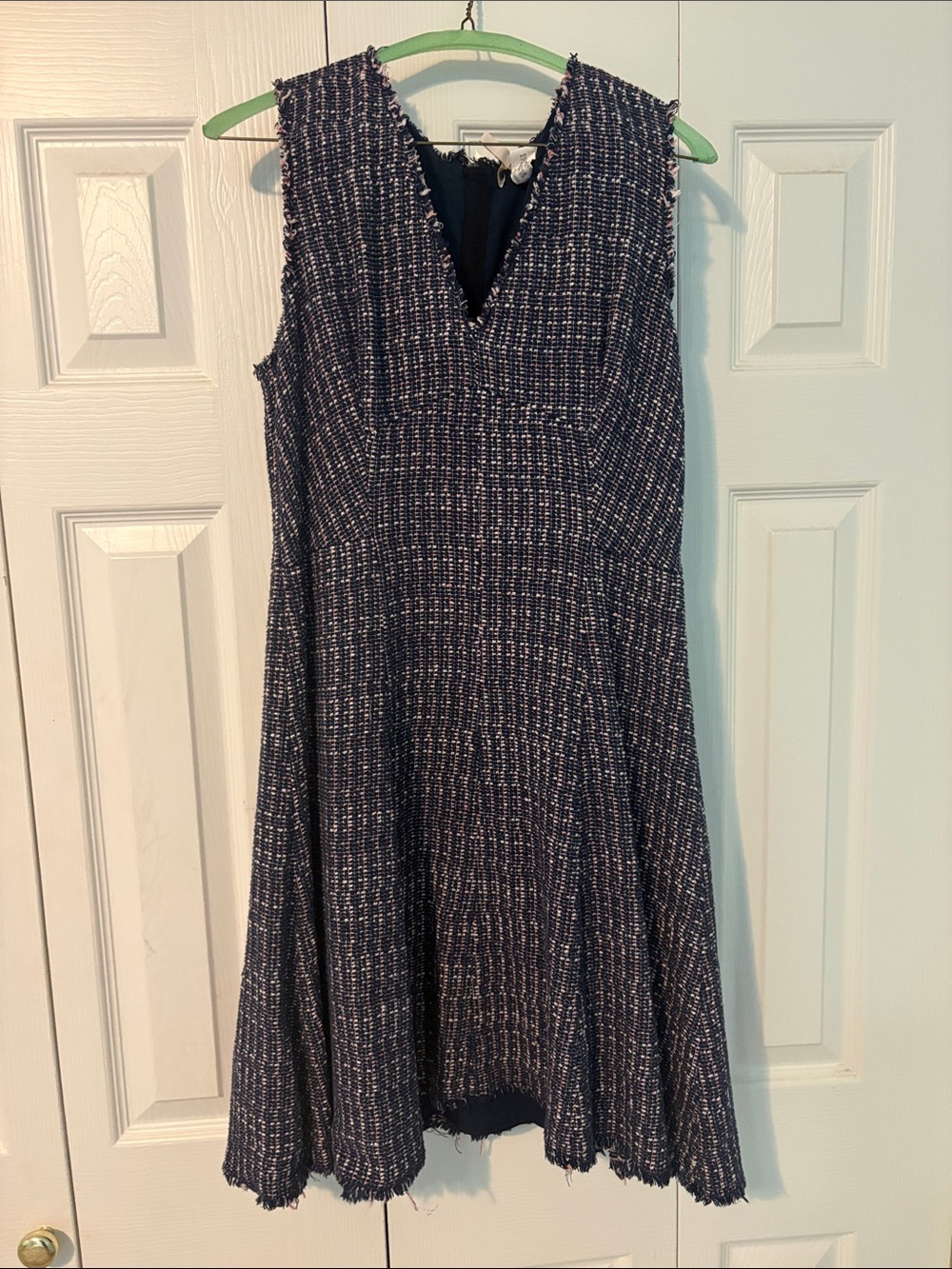 Rebecca Taylor Navy and White Tweed V-Neck Midi Dress